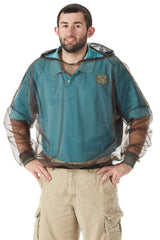 Man wearing Bug Baffler insect protective hooded shirt with hood down