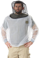 Man wearing insect protective white hooded shirt